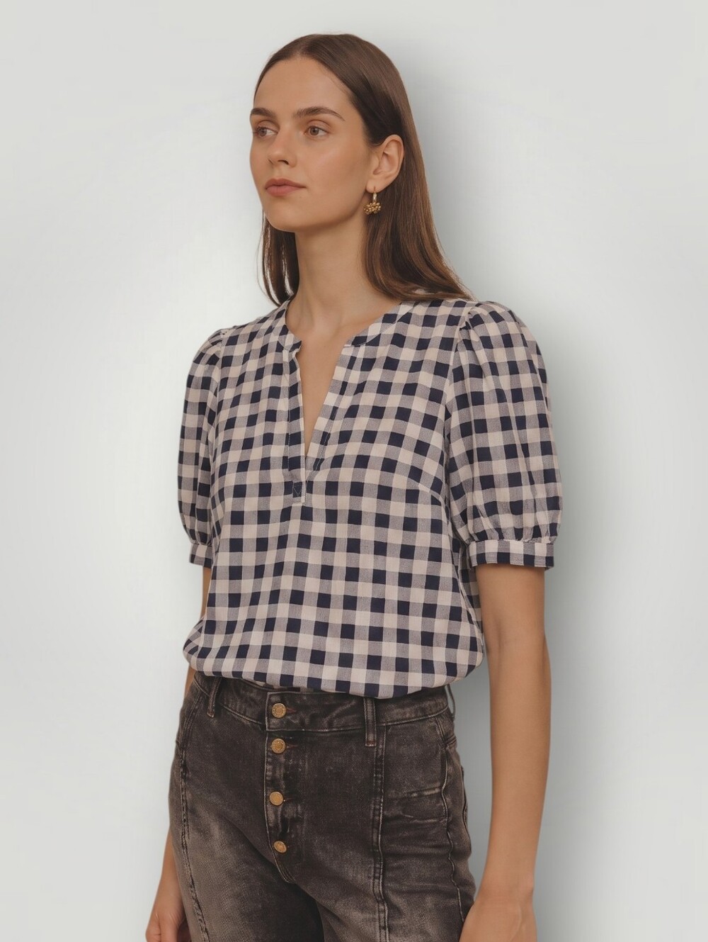 Saks Fifth Avenue Navy Gingham Puff Sleeve Top Medium Linen Blend Split Neck‎